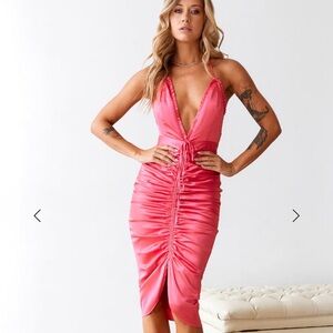 Hello Molly Hot Pink Ruched Midi Dress